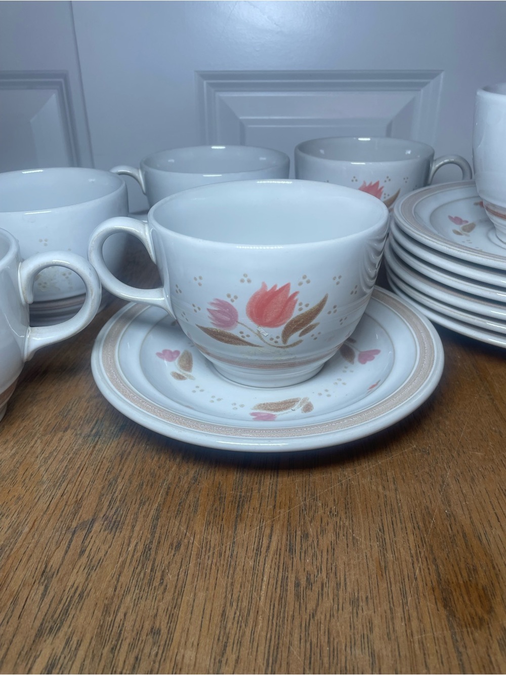 Franciscan White Teacup and Saucer Set with Pink and Tan Tulip Motif